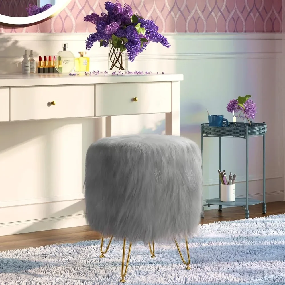 

Dressing Stool, Round Faux Fur Ottoman 4 Metal Legs, Upholstered Seat, Modern Multifunctional Makeup Stool