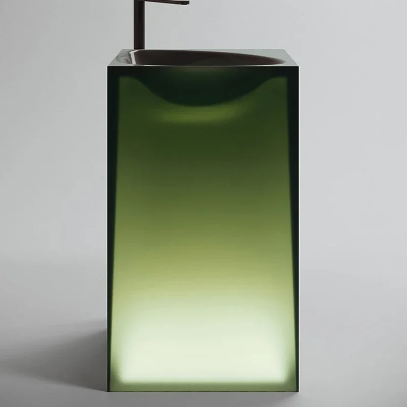 Matcha green with light emitting transparent floor mounted hand wash basin, small unit bathroom, bathroom cabinet, column basin