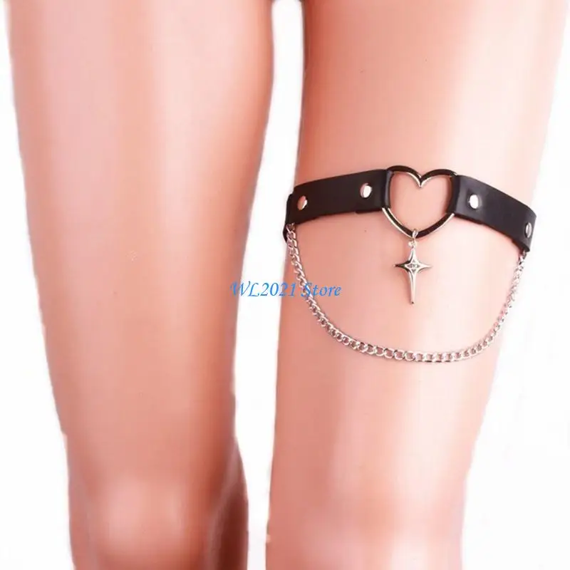 

G5GC Faux Leather Leg Harness with Star Chain Pendant for Women Adjustable Elastic Heart Thigh Garter Belt for Cosplay Party