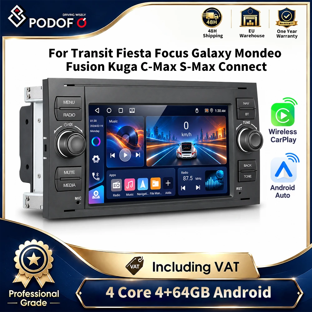 Podofo, lettore multimediale Android da 7 pollici per auto, compatibile con Ford Transit, Fiesta, Focus, Galaxy, Mondeo, Fusion, Kuga, C-Max, S-Max. Dotato di GPS, WiFi, Bluetooth, radio FM,