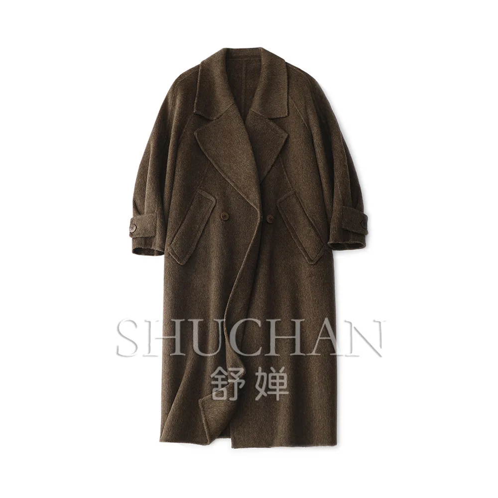 New Autumn and Winter Double-sided Vicuna Woolen Handmade Double-breasted Trench Coat Women  Abrigo Mujer