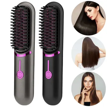 Image Wireless Hair Straightener USB Charging Wireless Straight Hair Comb 3 Temp Setting Hair Straightening Brush for Hairstyler Salon