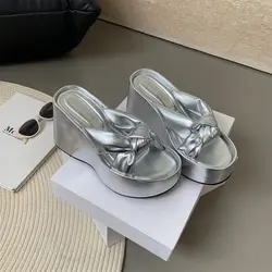 2024 Summer Platform Women Slippers Fashion Elegant Outdoor Silvery Slides Shoes  Casual Wedges Heel Sandalias Zapatos De Mujer