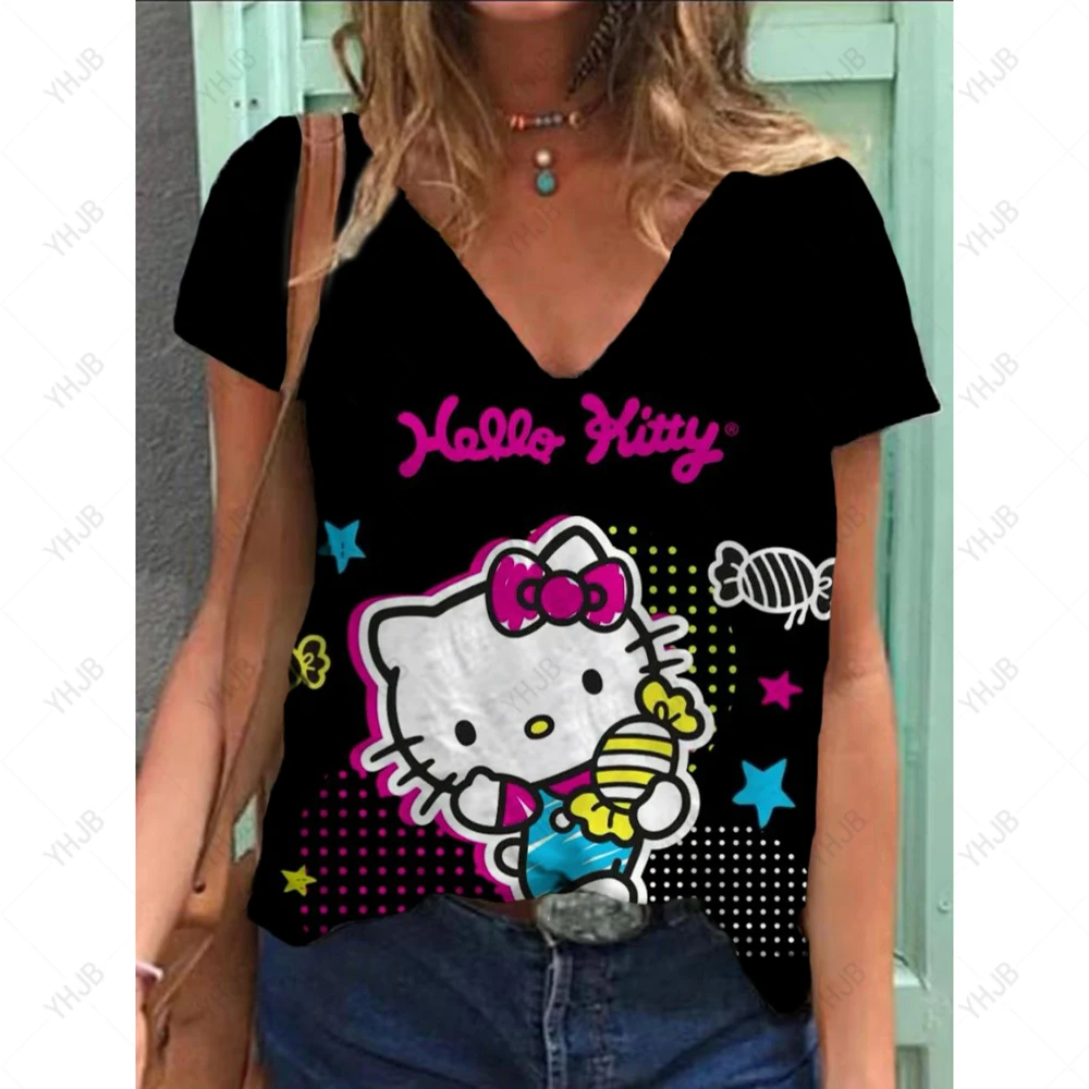 Fashion Women\'s T-shirt Hello Kitty Printed Short Sleeve Female Harajuku Tees Ladies T Shirt Oversized V-neck Tops Women Clothin