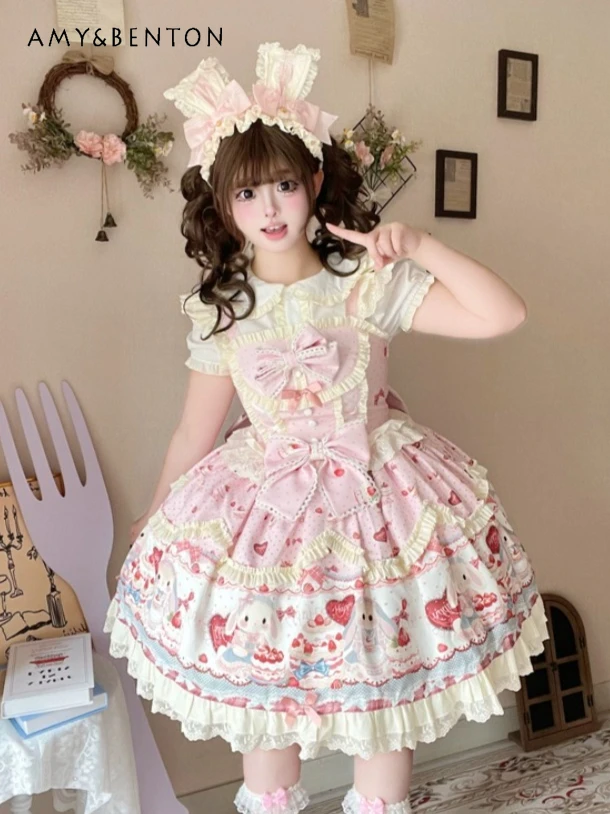 

Kawaii Bunny Party Cos Sweetheart Lolita Cute Cartoon Print Bow JSK Multi-layer Puffy Dress Short Sleeve Shirt Two-piece Set
