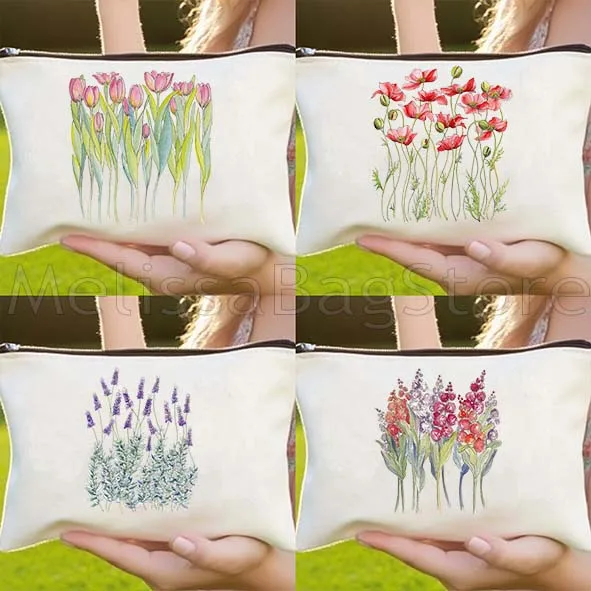 Pink Daisies Cornflowers Cosmos Flower Tulip Poppies Canvas Cosmetic Bag Makeup Case Travel Toiletries Organizer Storage Pouch