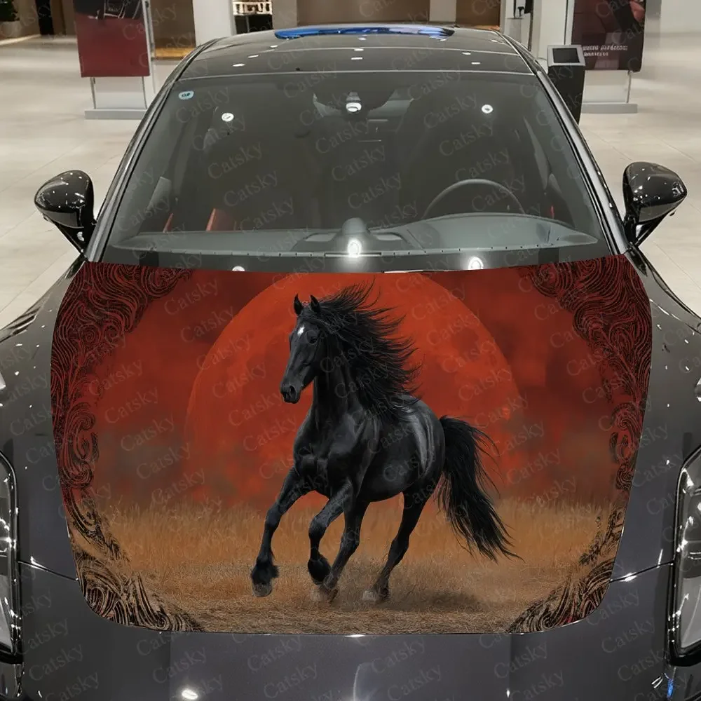 Vintage Scroll Pattern Galloping Horse Car Vinyl Wrap, PVC Waterproof Car Hood Sticker, Self-Adhesive Scratch-Resistant Stickers