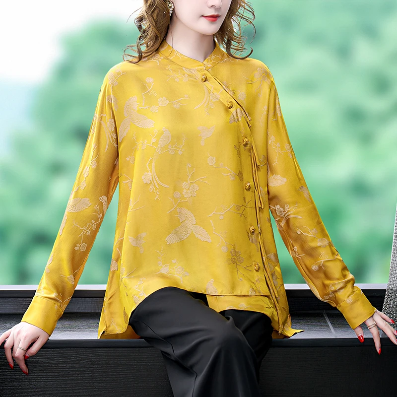 Women Chinese Style Jacquard Natural Silk Blouses Summer Long Sleeve Ligaht Shirts 2024 Korean Vintage Elegant Casual Shirts