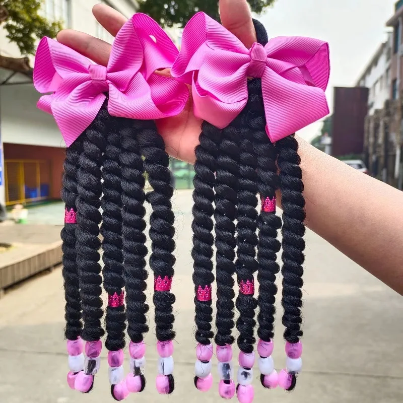 

Синтетический кудрявый плетеный парик-хвост с бусинами из термостойкого волокна, ручной работы, с закрученной косой и бантом