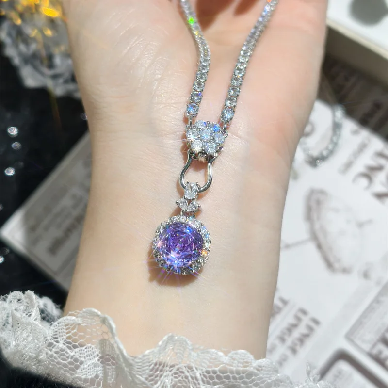 Geometric Millennium Rose Cut Purple Lithium Iolite AAA Zircon Full-Set 925 Sterling Silver Necklace Pendant for Women Engagemen