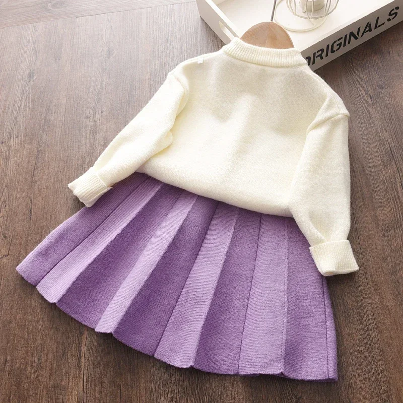 Girls Sweater Set Autumn Children\'s Jacket Sweater Tops Plaid Pleated Grape Princess Skirt Two-piece Suits Girls Clothing Sets