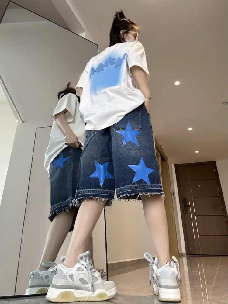 American Style Star Patch Embroidered Jeans Vintage High Waist Denim Shorts For Women 2025 Summer New Five-point Pants