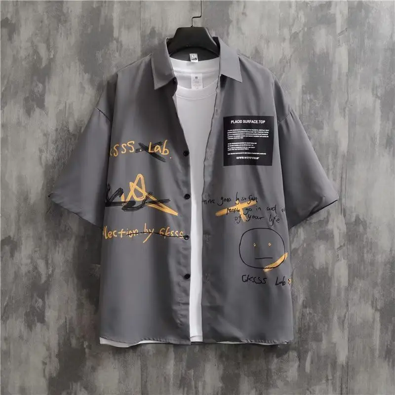 

Printed Casual irt Men's Summer Thin Hong Kong Sle Student Trend Loose ort Sve Outerwear Casual Japanese Sle irt