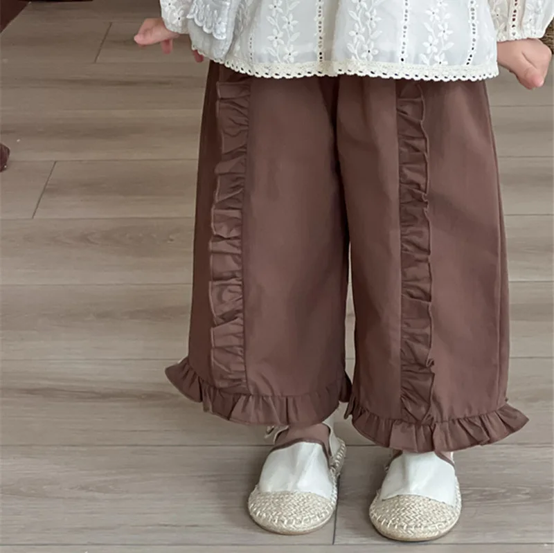 

Girls Pant 2025 Autumn Childrens Kids Clothes Ruffled Solid-Color Lace Trim Simple Korean-Style Cute Sweet Long Pants