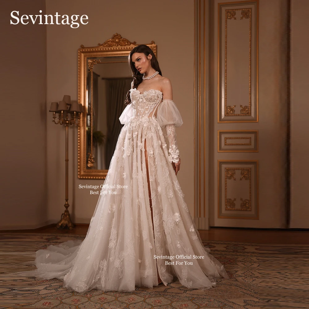 

Sevintage Gogerous Long Weddding Dresses Sweetheart High Slit A-Line Bridal Gowns Detachable Sleeves Flowers Bride Dresses Women