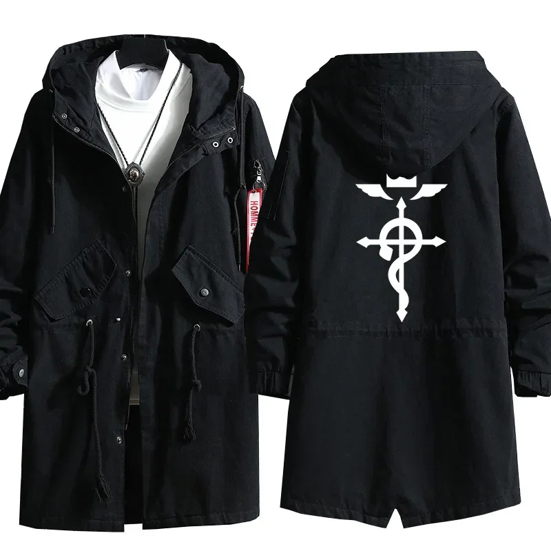 อะนิเมะ Fullmetal Alchemist คอสเพลย์ยาว Hoodie Edward Elric เครื่องแต่งกายผู้ชาย Coat Trench Jacket Overcoat สําหรับฤดูใบไม้ผลิฤดูใบไม้ร่วง F