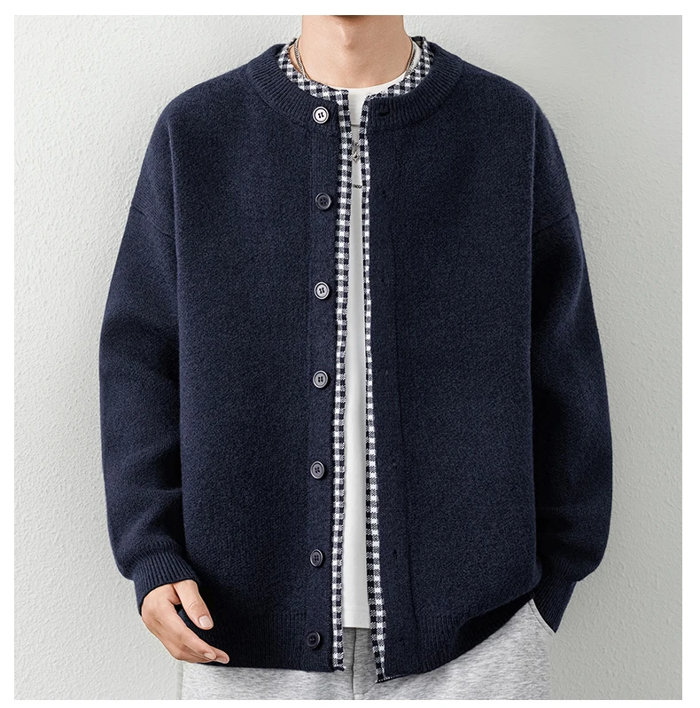 Luxuriöser Retro-Design Strick-Cardigan für Herren Neuer Hochwertiger Beliebter Karierter Patchwork-Pullover Jugendlicher Lässiger Dicker Warmer Mantel – Detail 16