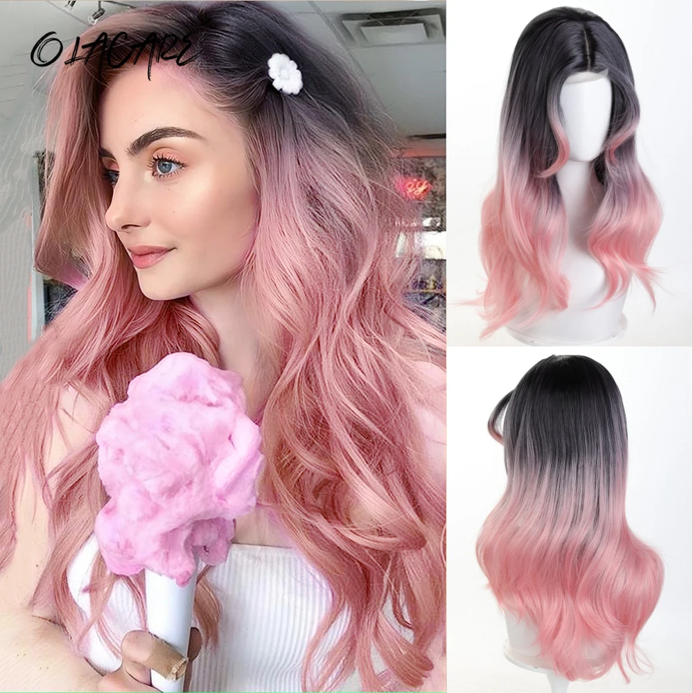 

Synthetic Long Curly Wavy Lolita Lace Front Wig with Bangs Middle Part Wig Black Pink Cosplay Party Halloween Wig For Women LM