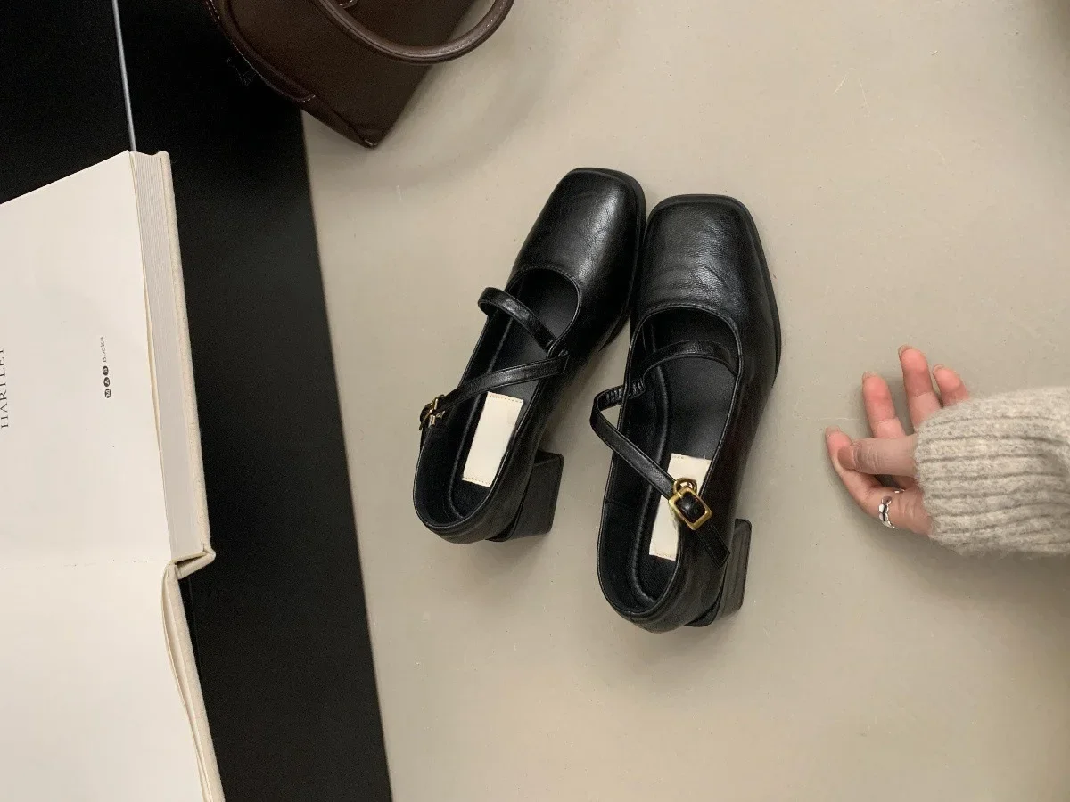 أحذية كعب خشن المرأة البريطانية الربيع والخريف جديد حذا فردي للسيدات الفرنسية الرجعية رئيس مربع المعاول عالية الكعب