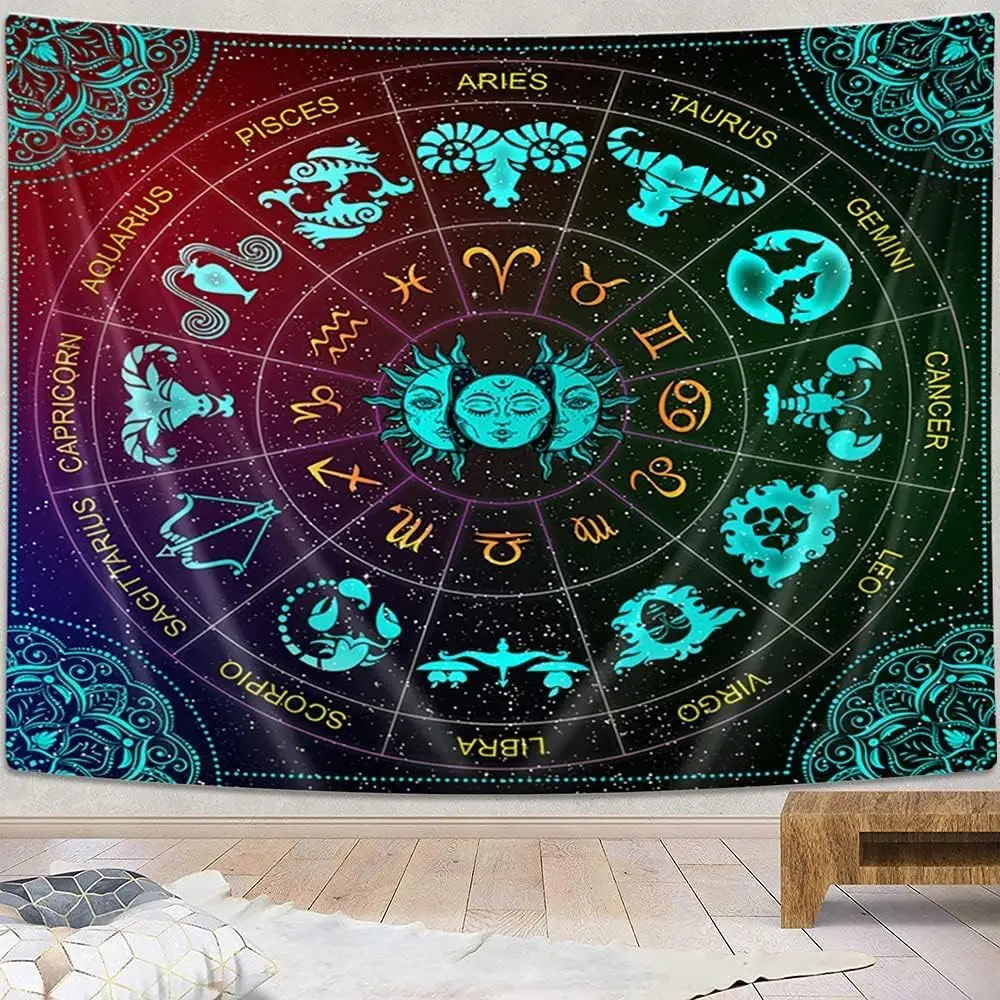 Astrology Wall Hanging, Sun and Moon Constellation Blacklight Art, Trippy Mandala Boho Witchy Wall Tapestry for Bedroom, Living