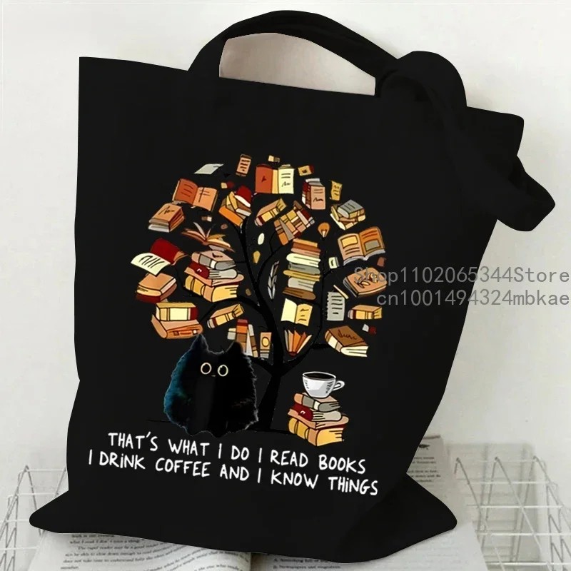 Black Cat and Books Canvas Bag for Women Men Shopper Funny Reading Lover Handbags Reusable Shoulder Tote Bag Cartoon Hand Bag