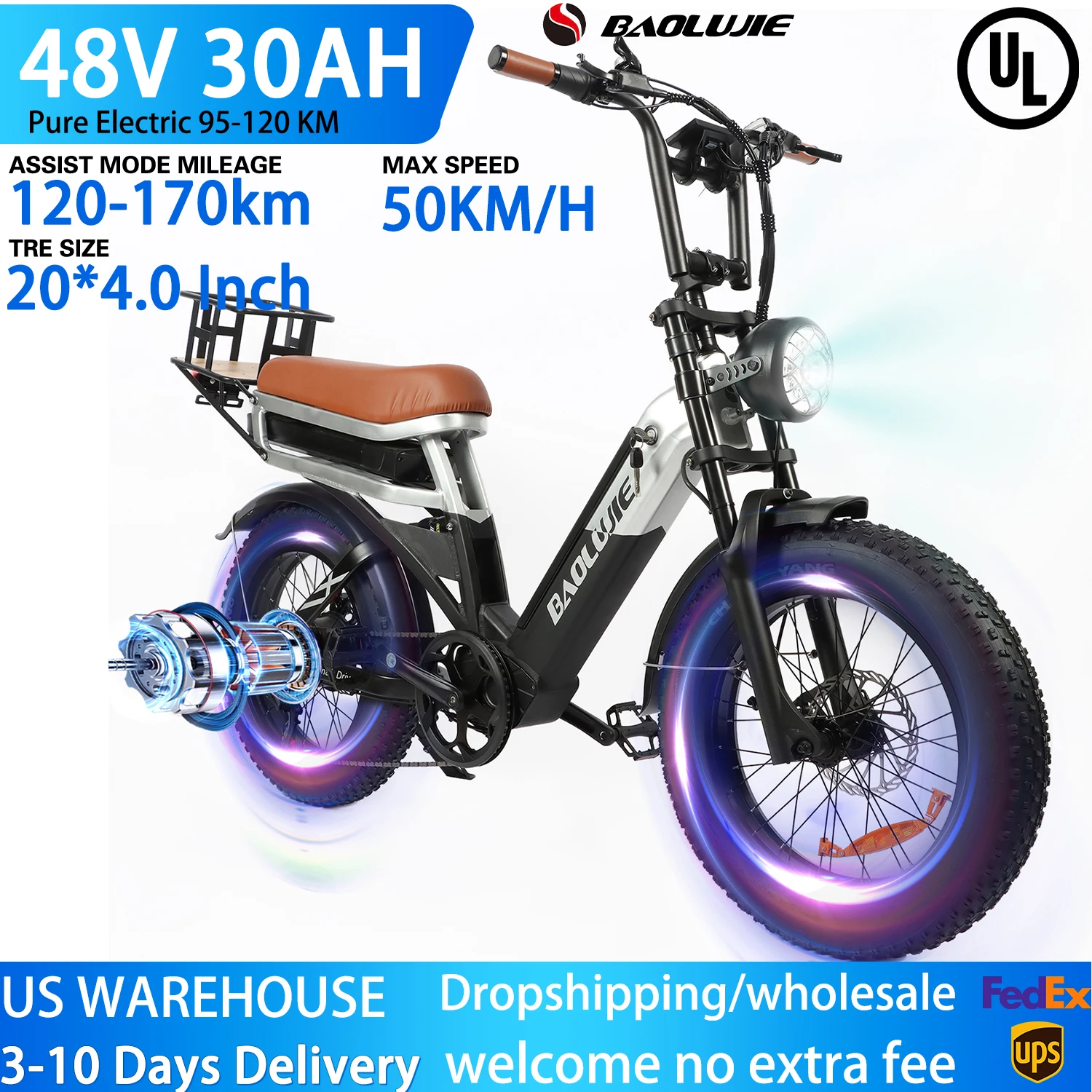

BAOLUJIE 1200W Ebike 48V30AH Battery Electric Bicycle 50KM/H Max Speed 20"×4 Fat Tire Electric Bike for Adults All-Terrain Adult
