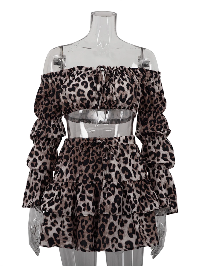 Marthaqiqi Leopard Print Women Nightgown Set Slash Neck Sleepwear Long Sleeve Pajama Crop Top Nightie Shorts Ladies Pyjamas Suit