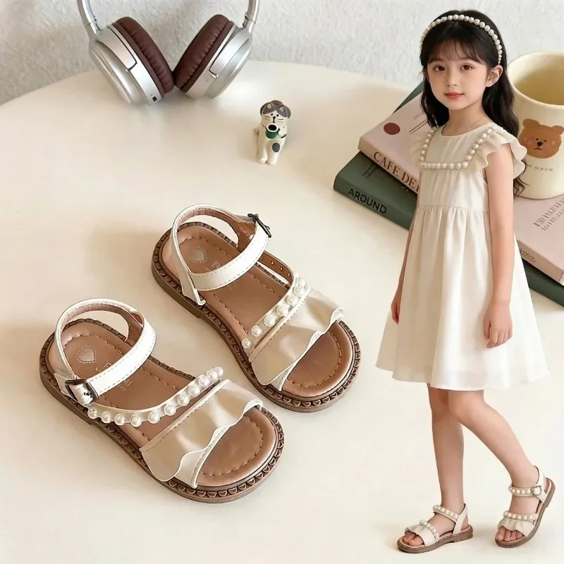 

Summer Girl Perform Flat Sandals with Ruffle Pearl Trim Non-slip Children Princess Shoes Kids Dress Sandals Wedding Party Beach