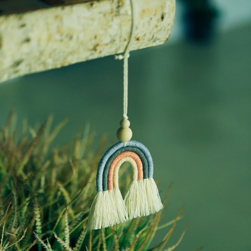 Rear View Mirrior Pendant Handmade Cotton Rainbow Tassel Car Diffuser Hanging Keychain Car Interior Decor For Vehicle