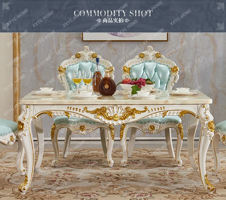 European dining table solid wood marble surface gold painted square dining table villa set