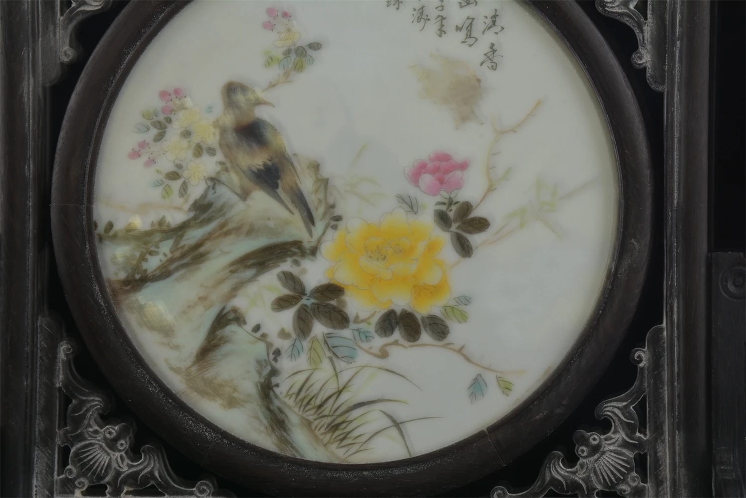 Antique Old Chinese ebony&Porcelain board painting,Peony&bird,hand-painted crafts,home Decoration,collection & adornment