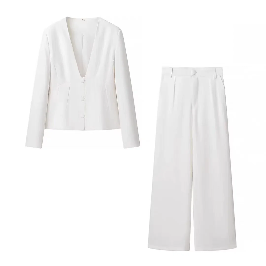 Temperament commuting high-end white two-piece suit for women with deep V-neck suit top and high-waisted suit wide-leg pants