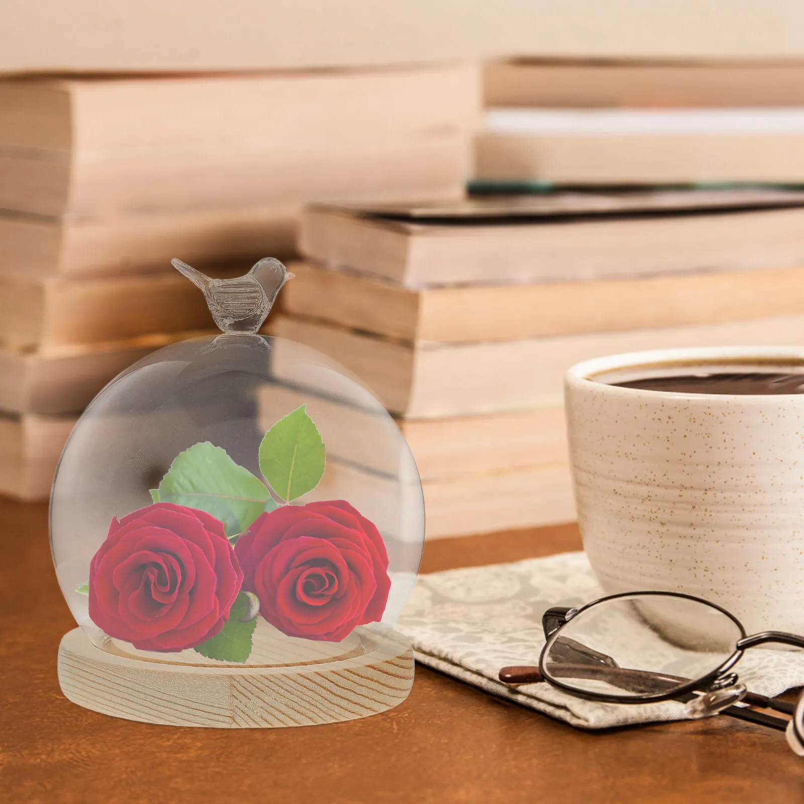 1Set Glass Display Dome Cloche Clear Protective Globe with Bird Knob Wood Base Display Case for Flower Preserved Decoration
