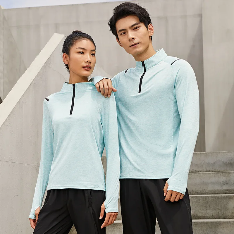 Outdoor Rash Guard Men Women Sports T-shirts Solid Color Long Sleeve Half Zipper Dry Fit Couple Gym Fitness Running Tee Tops