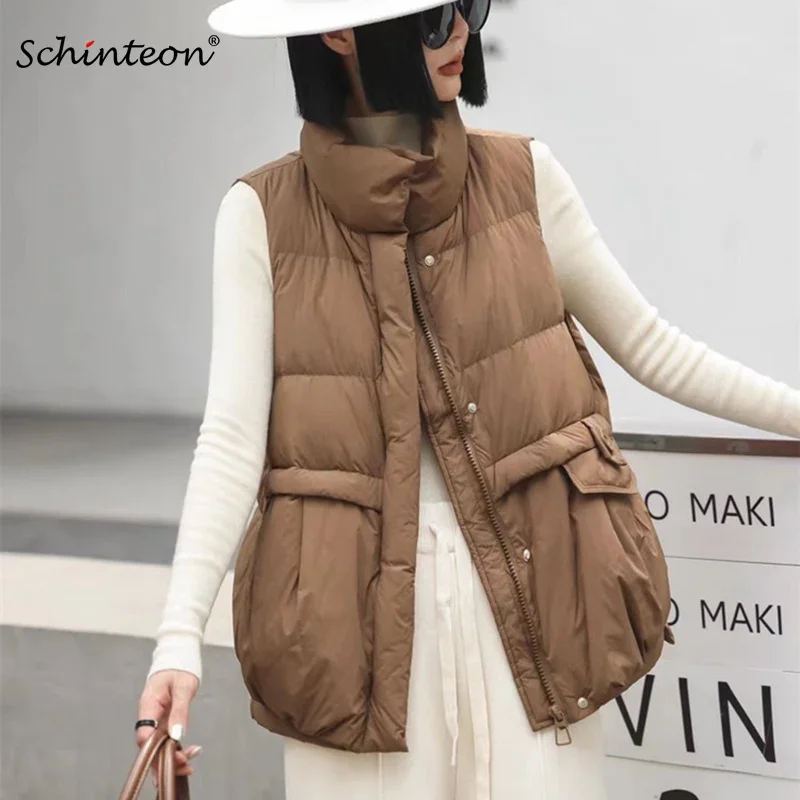 Schinteon Women White Duck Down Vest Casual Loose Stand Collar Autumn Winter Warm Sleeveless Jacket Gielt 2025 New