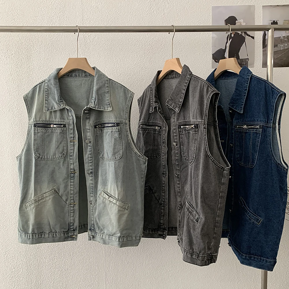 

Distressed Washed Sleeveless Denim Jackets for Women Early Autumn Vintage Solid Turn Down Collar Loose Single Breasted Vest Coat