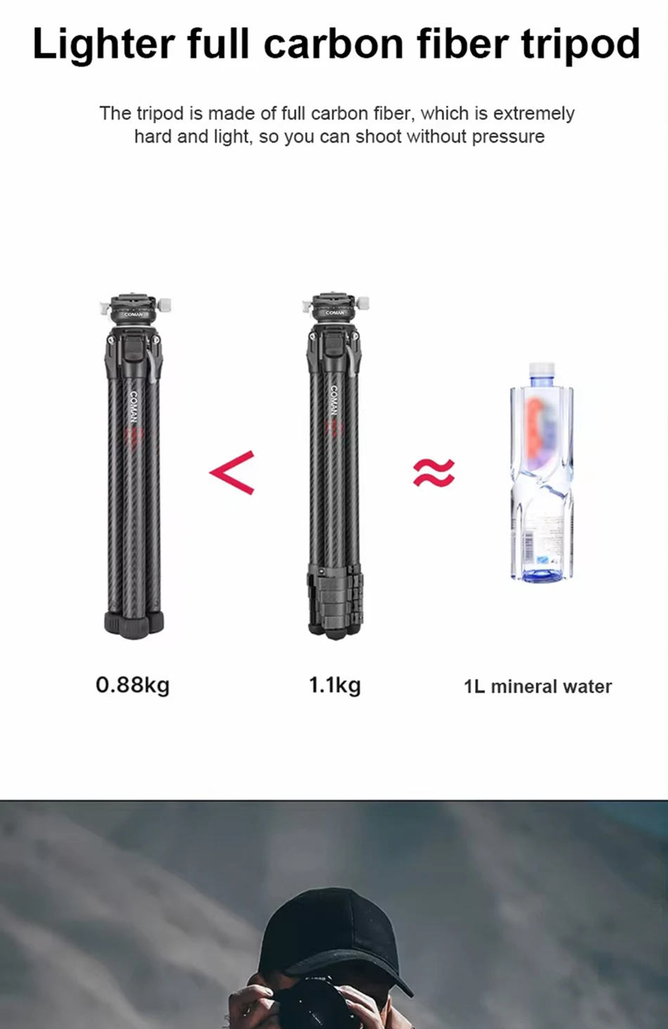 COMAN Zero Y Leichtes Reisestativ aus Vollcarbon Professionelles Outdoor-Stativ mit Arca Swiss Schnellwechsel-Kugelkopf – Detail 7