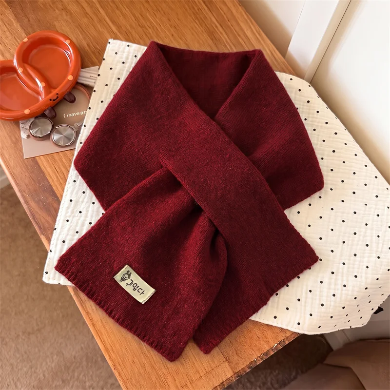 Ladies Solid Knit Cross Front Neck Warmer Scarf With Decorative Cloth Tag Soft Comfortable Casual Outdoor Daily Wrap Scarf