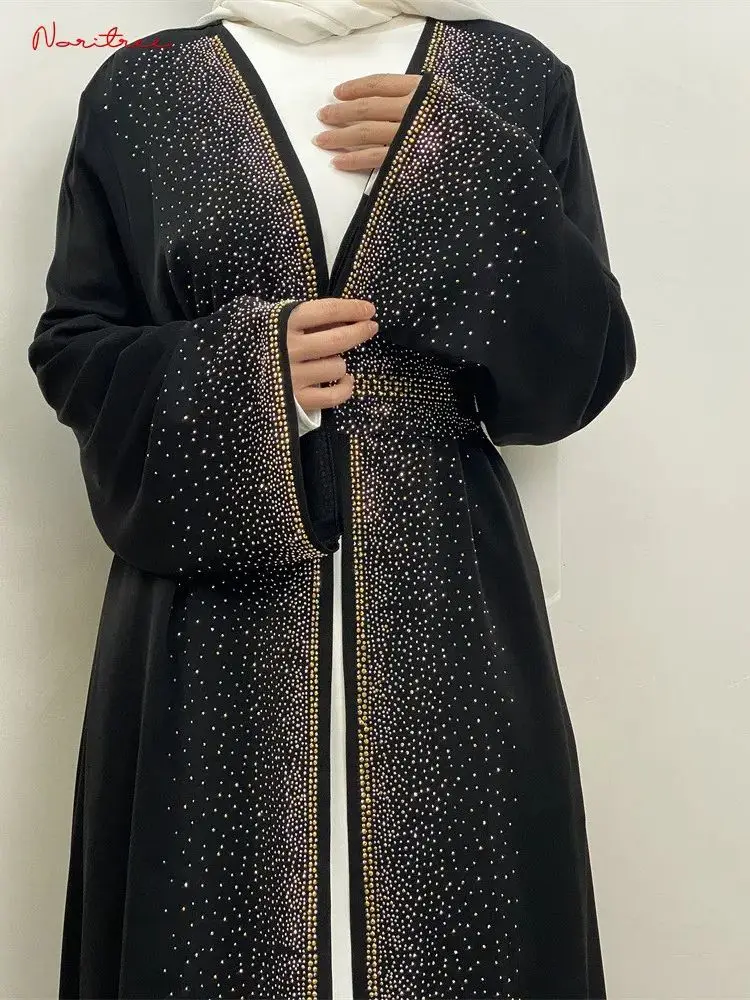 Fashion Beading Outerwear Shiny Rhinestone Muslim Dresses Muslim Abayas female islamic abayas muslim robes With Belt wy1951