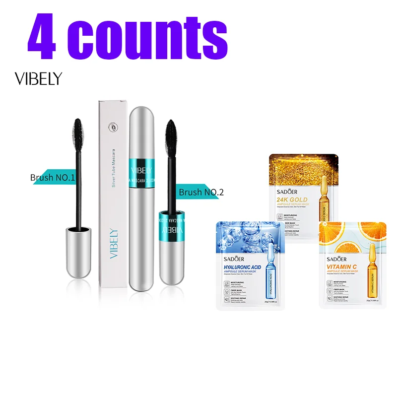 VIBELY-Mascara lavable 5x plus long, 2 en 1 4D injFiber Lash, sans grincement, mascara noir longue durée