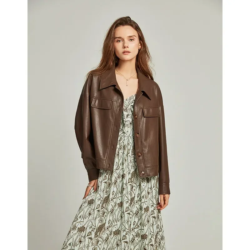 Blouson en cuir PU femme, col rétro, printemps et automne, 2025