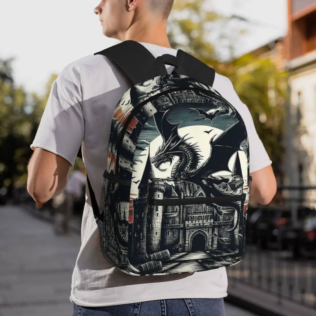 Fantasy Mythical Dragon And Castle Backpack Daypack Large Capacity Boys Girls BookBag School Bag Shoulder Bags for Men Women