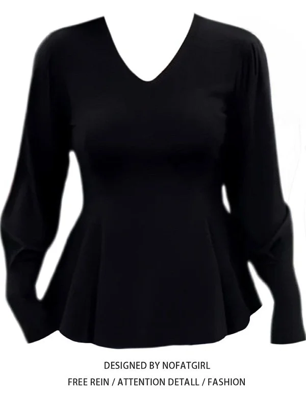 

Женская корейская футболка больших размеров с V-образным вырезом и длинным рукавом, облегающий крой, универсальный осенний топ для полных женщин