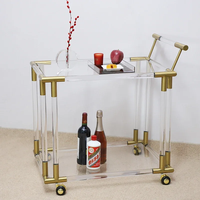 

High End Customizable Cheap Price Hotel Furniture Antique Brass Metal Glass Acrylic Drinks Serving Trolley Bar Cart