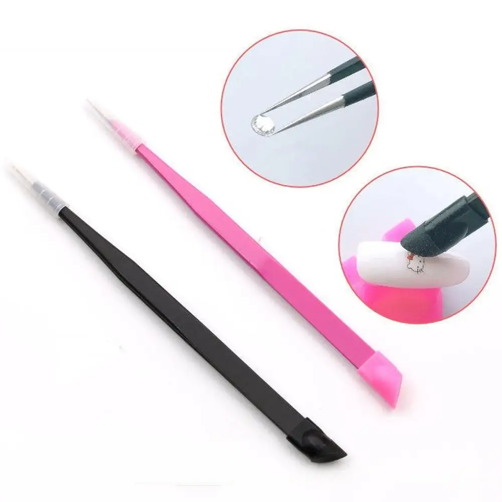 1pc 2 Heads Straight Nail Tweezers with Silicone Pressing Head for 3D Sticker Rhinestones Water Sticker Picker Metal Nails Tools