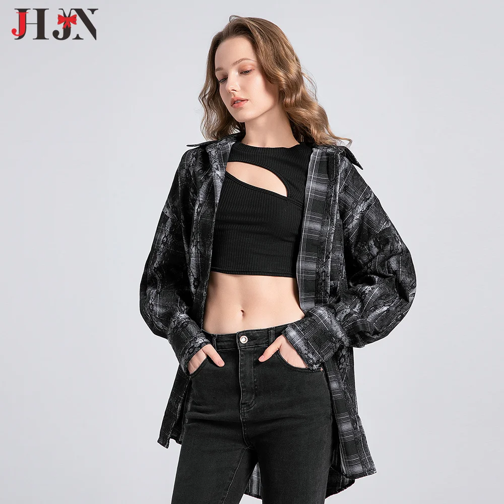 2024 Trend Shirt For Women Single Breasted Buckle Flip Collar Outerwear Lace Decorate Top Black Plaid Blouse Y2k Female Clothing