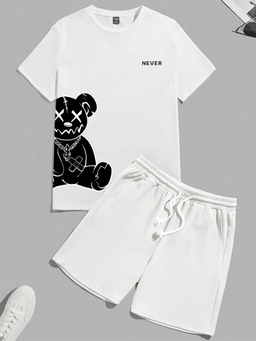 Men's casual suit, fashionable teddy bear print set, summer plus round neck short sleeved T-shirt, men's drawstring pocket short