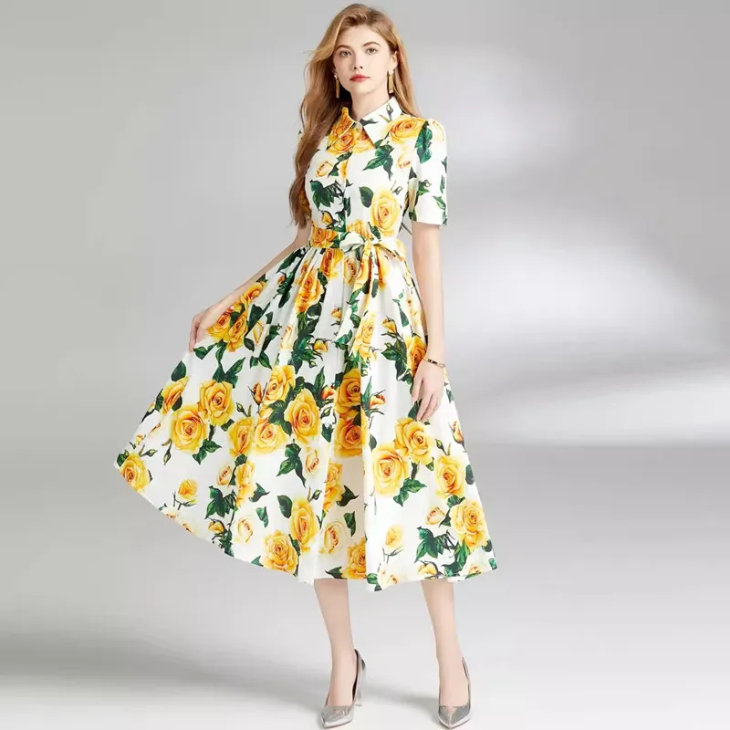 

Summer Runway Yellow Rose Printed Shirt Midi Dress Women's Lapel Single Breasted Lace Up Elegant Short Sleeve Long Vestidos