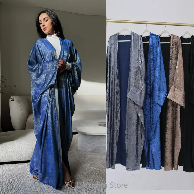 Eid Ramadan Open Kimono Satijn Abaya Luxe Batwing Dubai Kaftan Moslim Jurk Bescheiden Losse Islam Kebaya Voor Vrouwen Kleding Gewaad