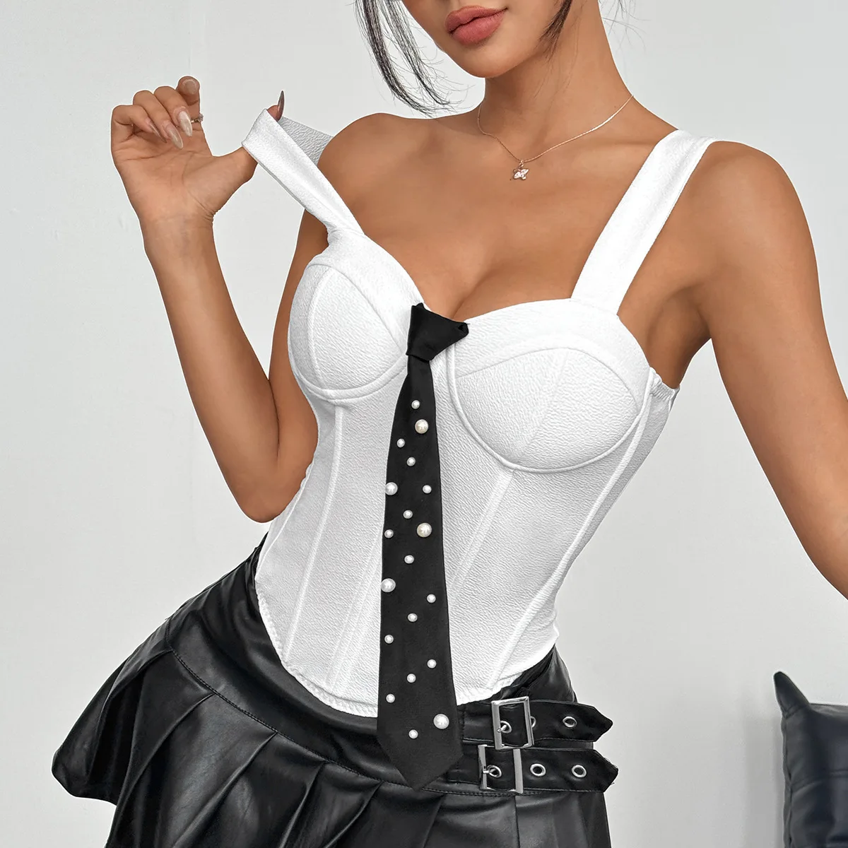 Sexy Soild Off Shoulde Corset with Black Tie Sleeveless Tank Tops Women Summer Clothing Sweet Girl Fashion Slim Halter Top Vest